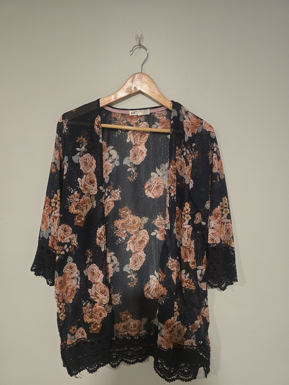 Jolt Black Floral Sheer Cardigan with Dusty Rose and Brown Blooms
